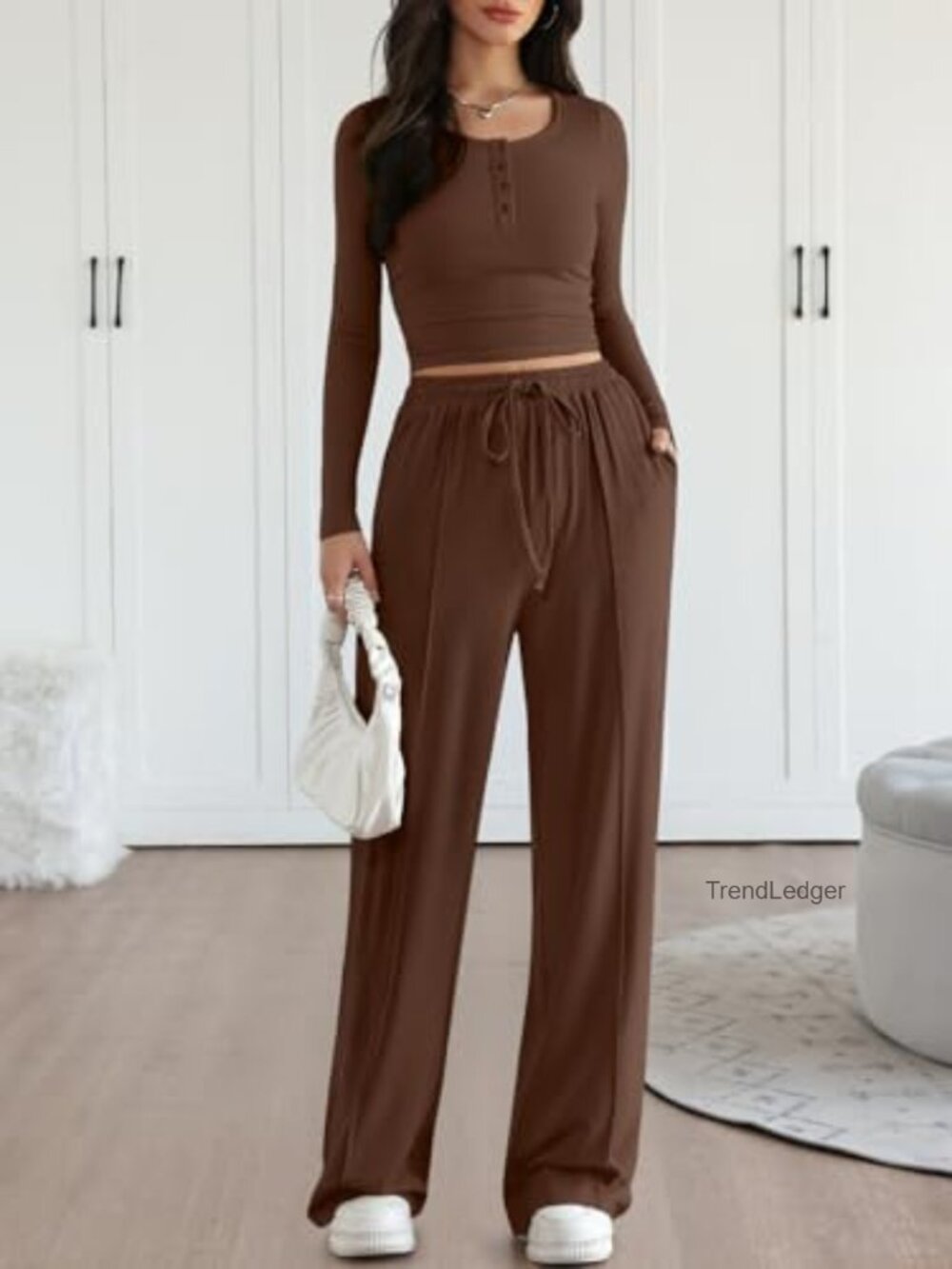 2 Piece Lounge Set Women Matching Sweatsuit Travel Outfits Long Sleeve Top Wide - Picture 2 of 6